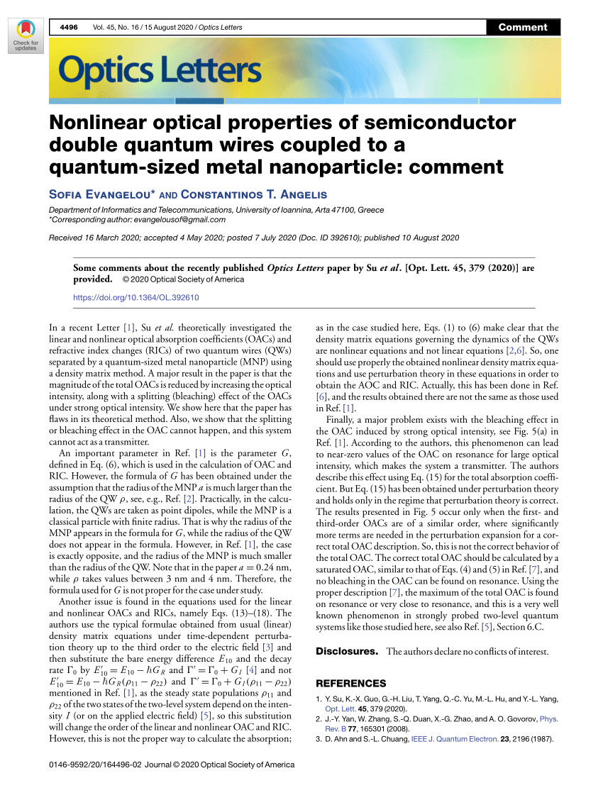 Pdf Nonlinear Optical Properties Of Semiconductor Double Quantum Wires Coupled To A Quantum Sized Metal Nanoparticle Comment
