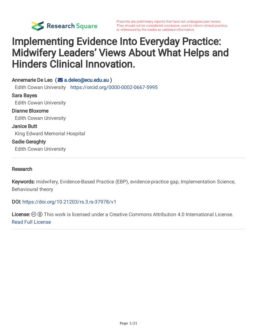 Pdf Implementing Evidence Into Everyday Practice Midwifery Leaders Views About What Helps 8710
