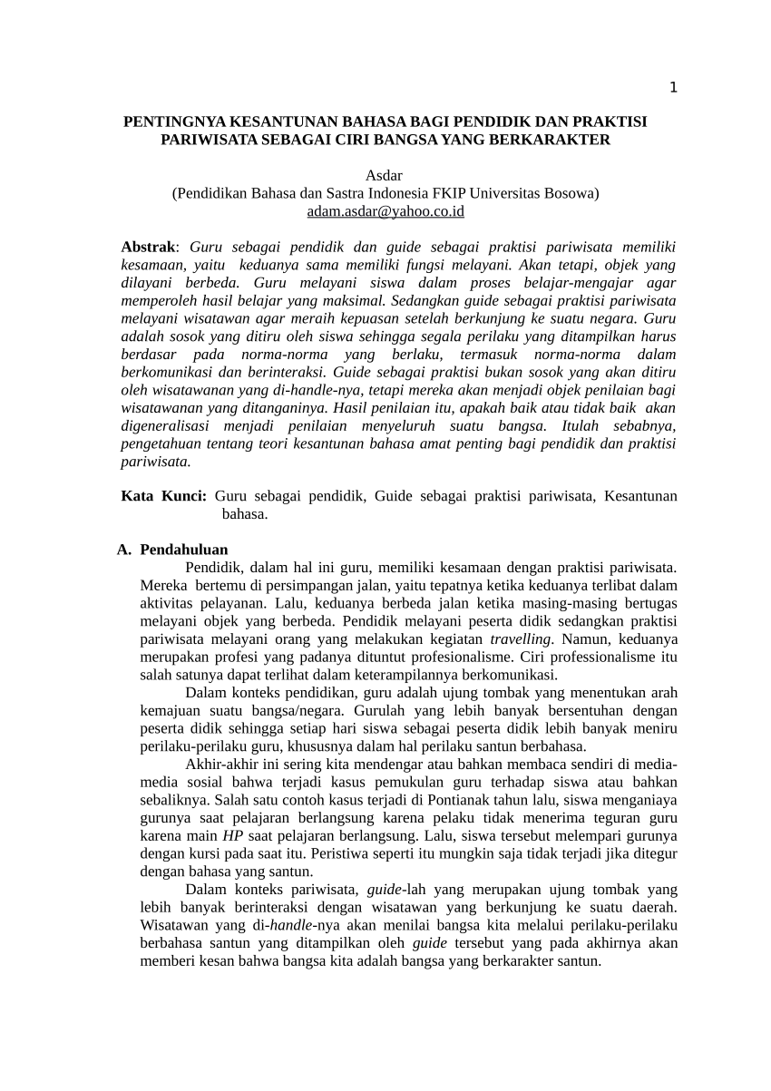 Pdf Pentingnya Kesantunan Berbahasa Bagi Pendidik Dan Praktisi Pariwisata