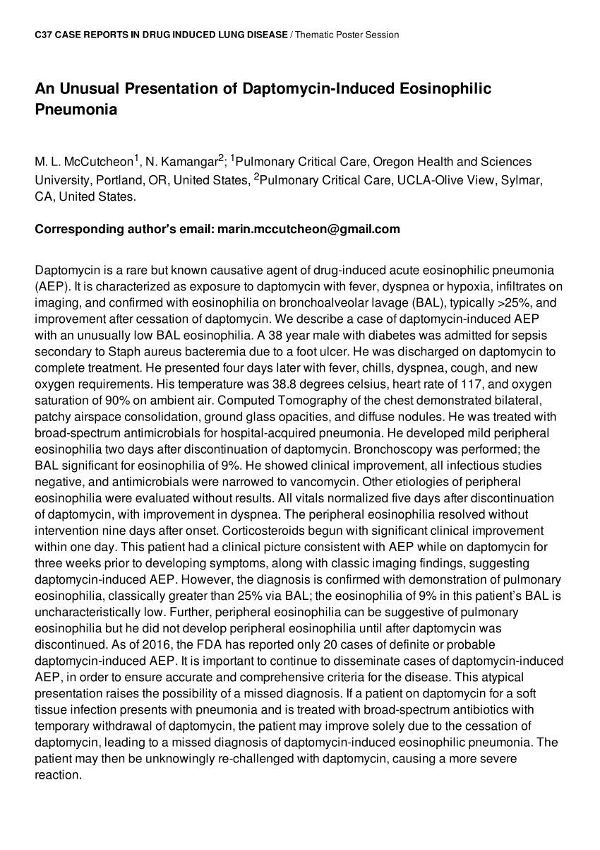 Pdf An Unusual Presentation Of Daptomycin Induced Eosinophilic Pneumonia