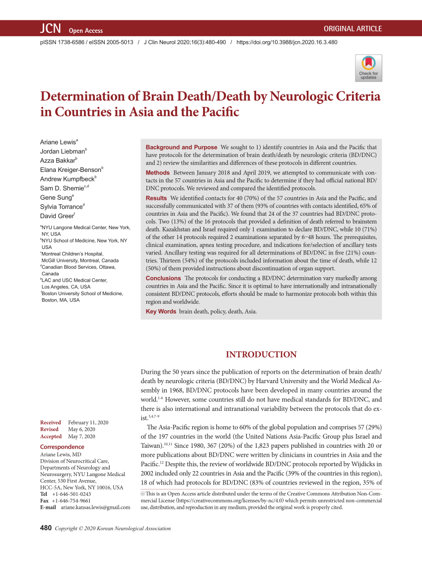 PDF) Determination of Brain Death/Death by Neurologic Criteria in Countries  in Asia and the Pacific