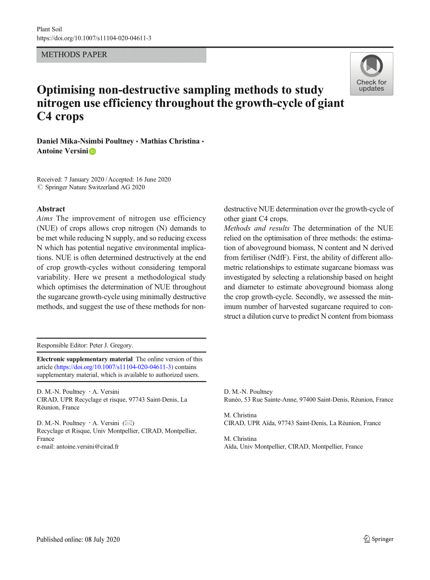 PDF) Optimising non-destructive sampling methods to study nitrogen use  efficiency throughout the growth-cycle of giant C4 crops