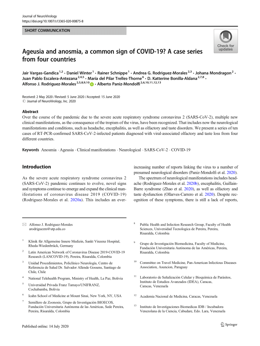 Pdf Ageusia And Anosmia A Common Sign Of Covid 19 A Case Series From Four Countries