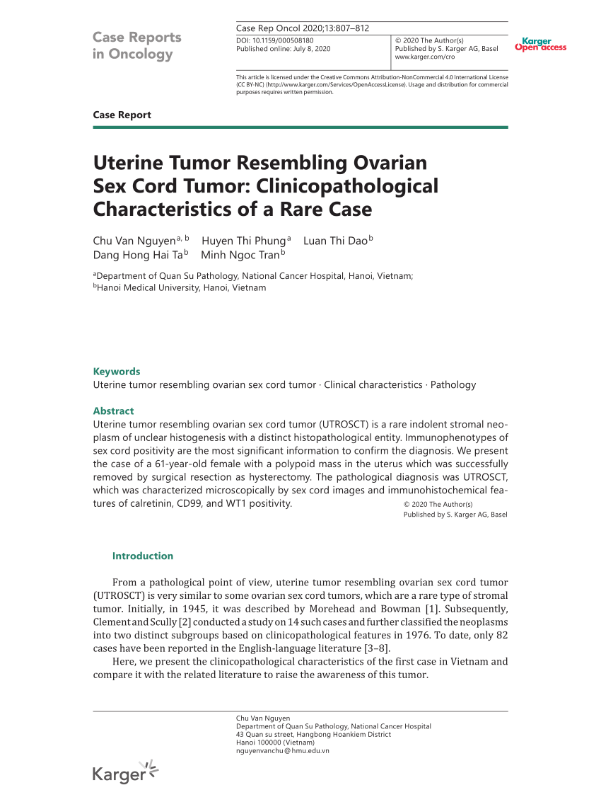 Pdf Uterine Tumor Resembling Ovarian Sex Cord Tumor Clinicopathological Characteristics Of A 