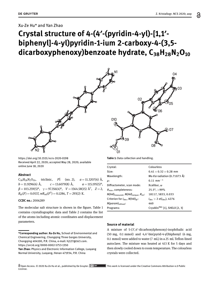 Pdf Crystal Structure Of 4 4 Pyridin 4 Yl 1 1 Biphenyl 4 Yl Pyridin 1 Ium 2 Carboxy 4 3 5 Dicarboxyphenoxy Benzoate Hydrate C38h28n2o10