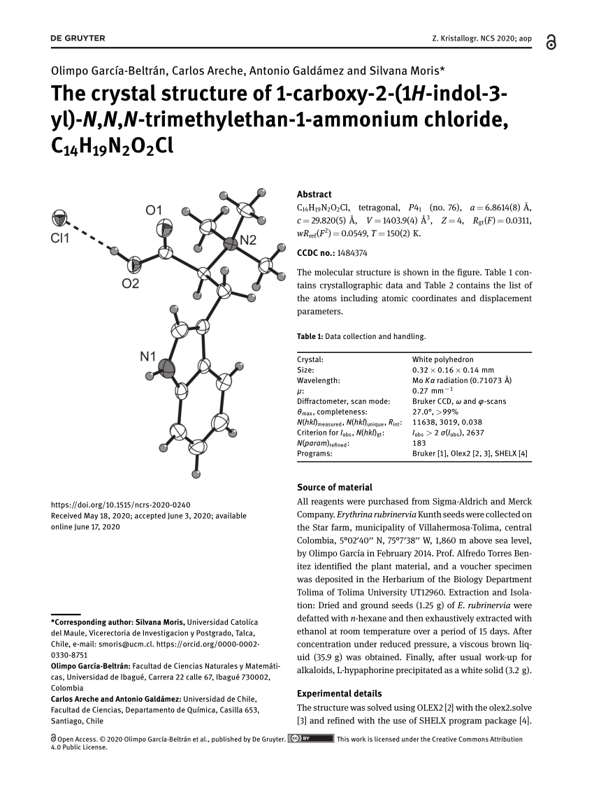 Pdf The Crystal Structure Of 1 Carboxy 2 1h Indol 3 Yl N N N Trimethylethan 1 Ammonium Chloride C14h19n2o2cl