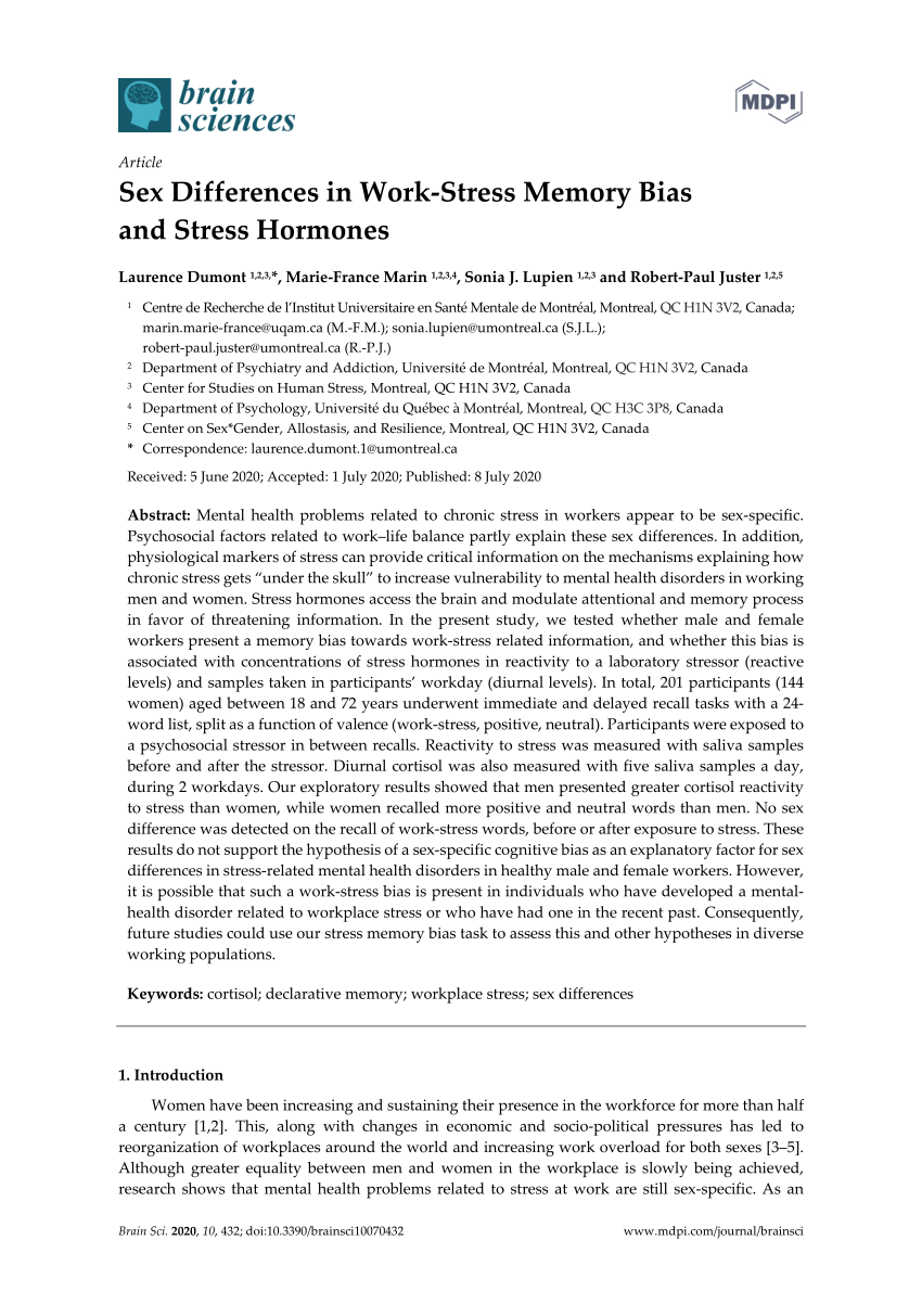 Pdf Sex Differences In Work Stress Memory Bias And Stress Hormones 9568