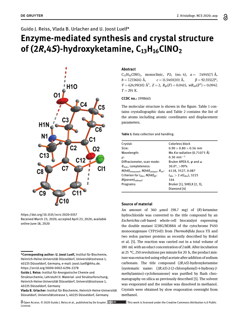 Pdf Enzyme Mediated Synthesis And Crystal Structure Of 2r 4s Hydroxyketamine C13h16clno2