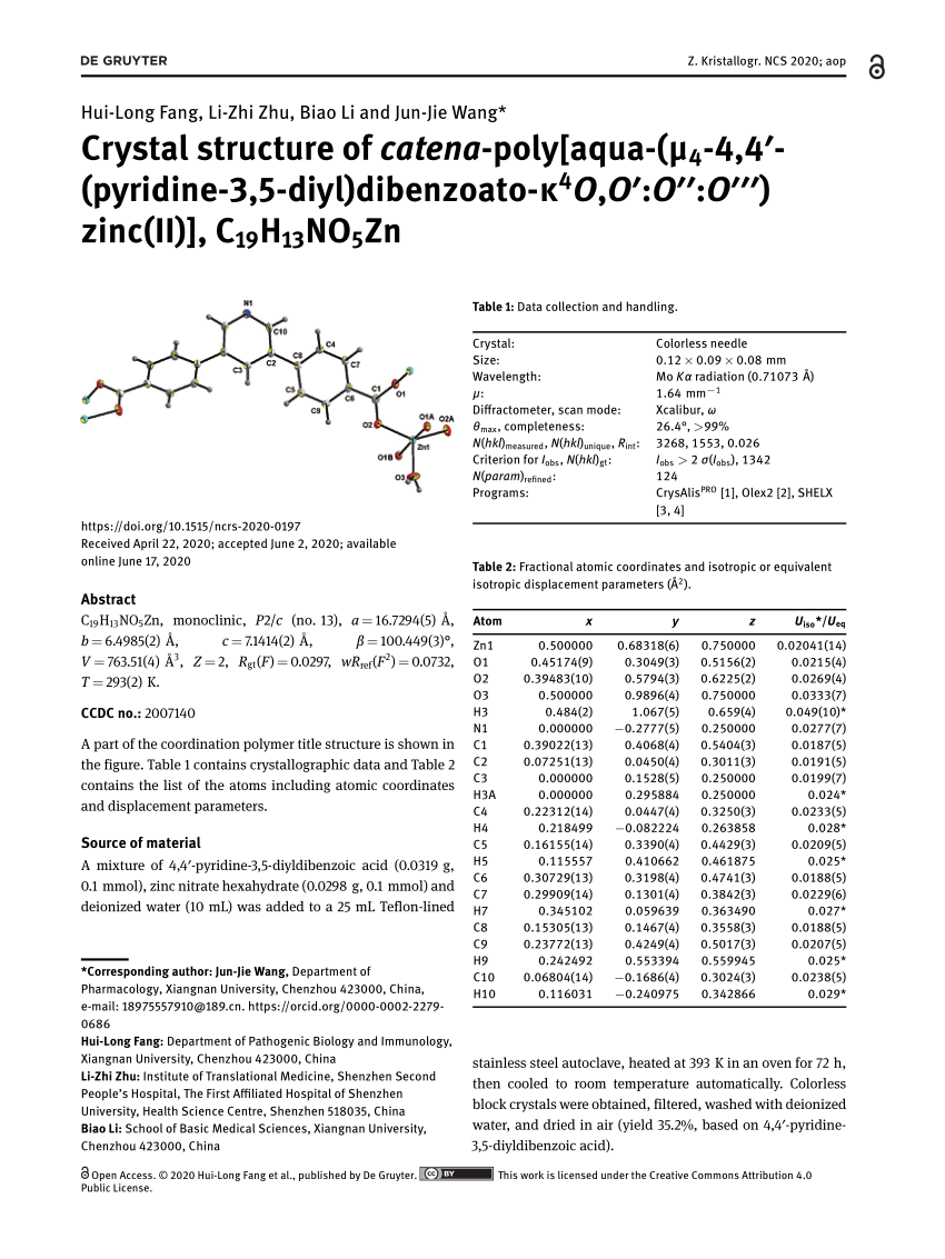 Pdf Crystal Structure Of Catena Poly Aqua M4 4 4 Pyridine 3 5 Diyl Dibenzoato K4o O O O Zinc Ii C19h13no5zn