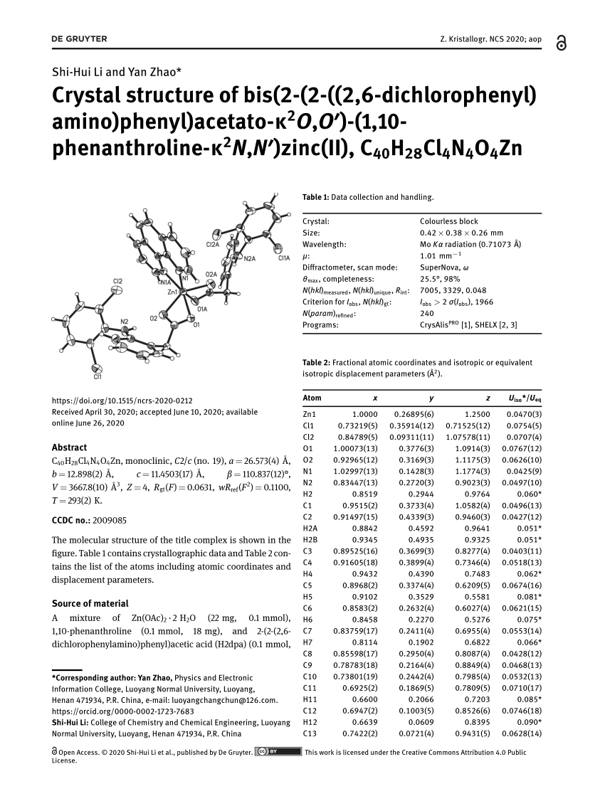 Pdf Crystal Structure Of Bis 2 2 2 6 Dichlorophenyl Amino Phenyl Acetato K2o O 1 10 Phenanthroline K2n N Zinc Ii C40h28cl4n4o4zn