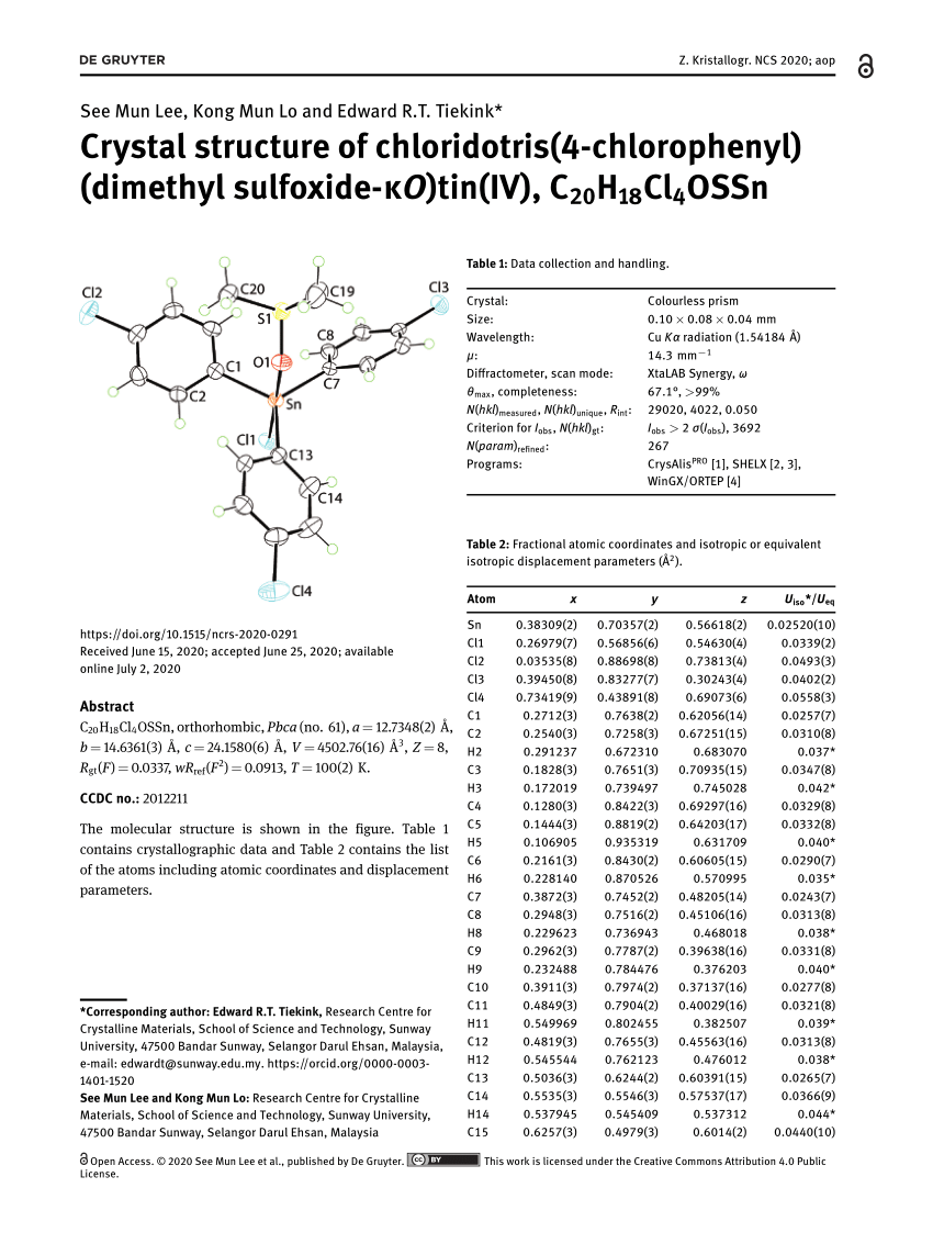 Pdf Crystal Structure Of Chloridotris 4 Chlorophenyl Dimethyl Sulfoxide Ko Tin Iv Ch18cl4ossn