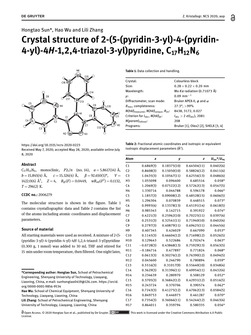 Pdf Crystal Structure Of 2 5 Pyridin 3 Yl 4 Pyridin 4 Yl 4h 1 2 4 Triazol 3 Yl Pyridine C17h12n6