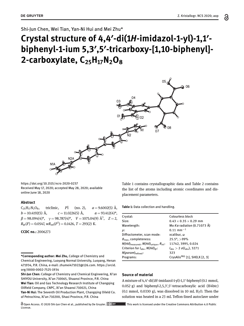 Pdf Crystal Structure Of 4 4 Di 1h Imidazol 1 Yl 1 1 Biphenyl 1 Ium 5 3 5 Tricarboxy 1 10 Biphenyl 2 Carboxylate C25h17n2o8