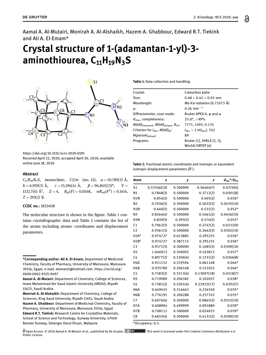 Pdf Crystal Structure Of 1 Adamantan 1 Yl 3 Aminothiourea C11h19n3s