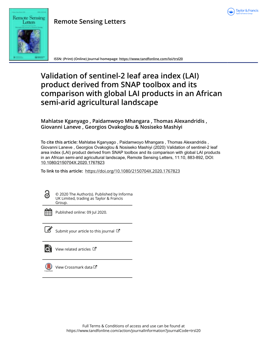 Pdf Validation Of Sentinel 2 Leaf Area Index Lai Product Derived From Snap Toolbox And Its Comparison With Global Lai Products In An African Semi Arid Agricultural Landscape
