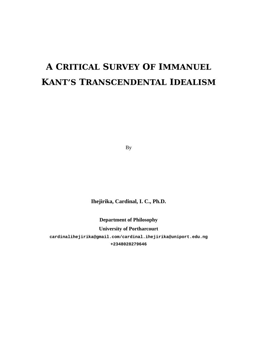 Pdf A Critical Survey Of Immanuel Kants Transcendental Idealism 