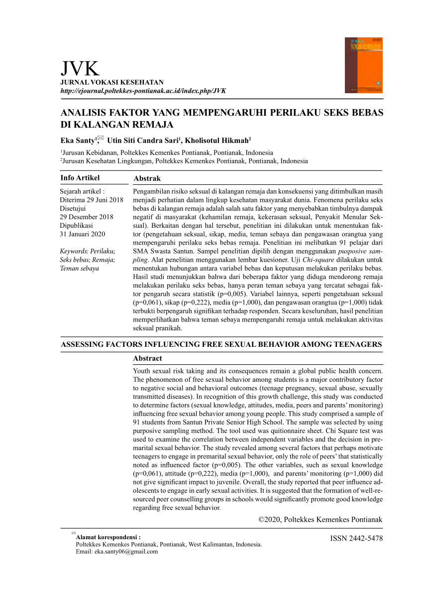 PDF) FAKTOR-FAKTOR YANG BERPENGARUH TERHADAP PRILAKU SEKS BEBAS PADA REMAJA  DI SMA KOTA PONTIANAK