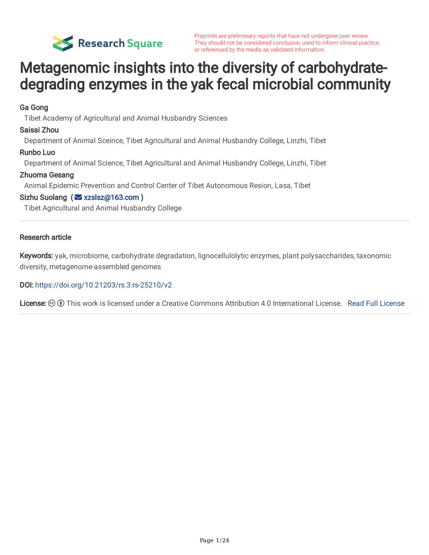 Pdf Metagenomic Insights Into The Diversity Of Carbohydrate Degrading Enzymes In The Yak Fecal Microbial Community