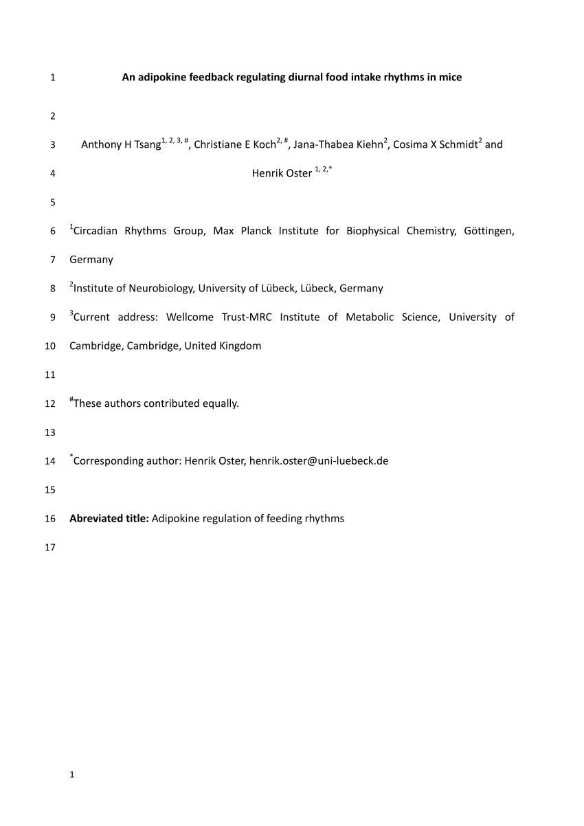 Pdf An Adipokine Feedback Regulating Diurnal Food Intake Rhythms In Mice 1696