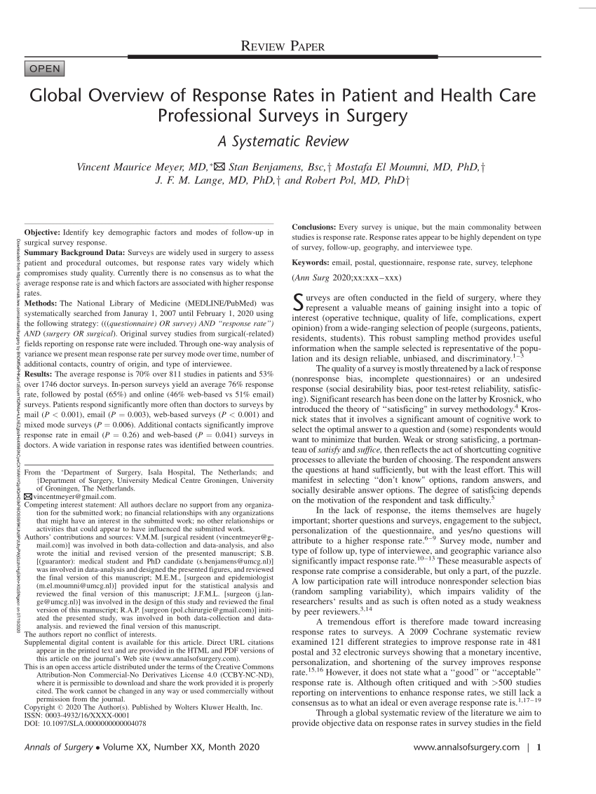 PDF) Global Overview of Response Rates in Patient and Health Care  Professional Surveys in Surgery: A Systematic Review