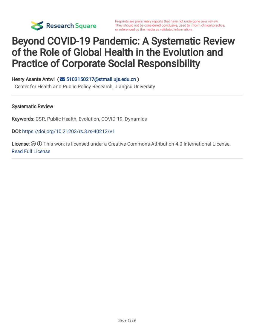Pdf Beyond Covid-19 Pandemic A Systematic Review Of The Role Of Global Health In The Evolution And Practice Of Corporate Social Responsibility