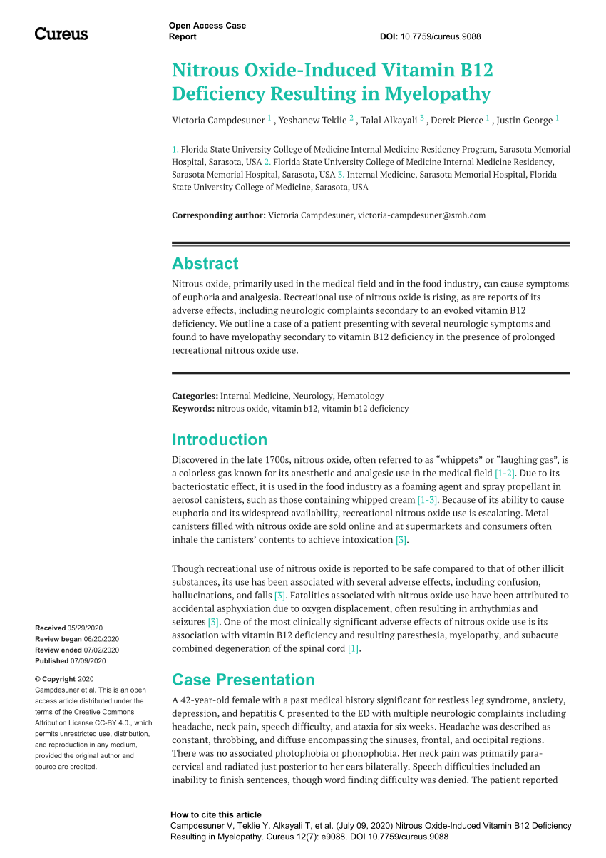 (PDF) Nitrous OxideInduced Vitamin B12 Deficiency Resulting in Myelopathy