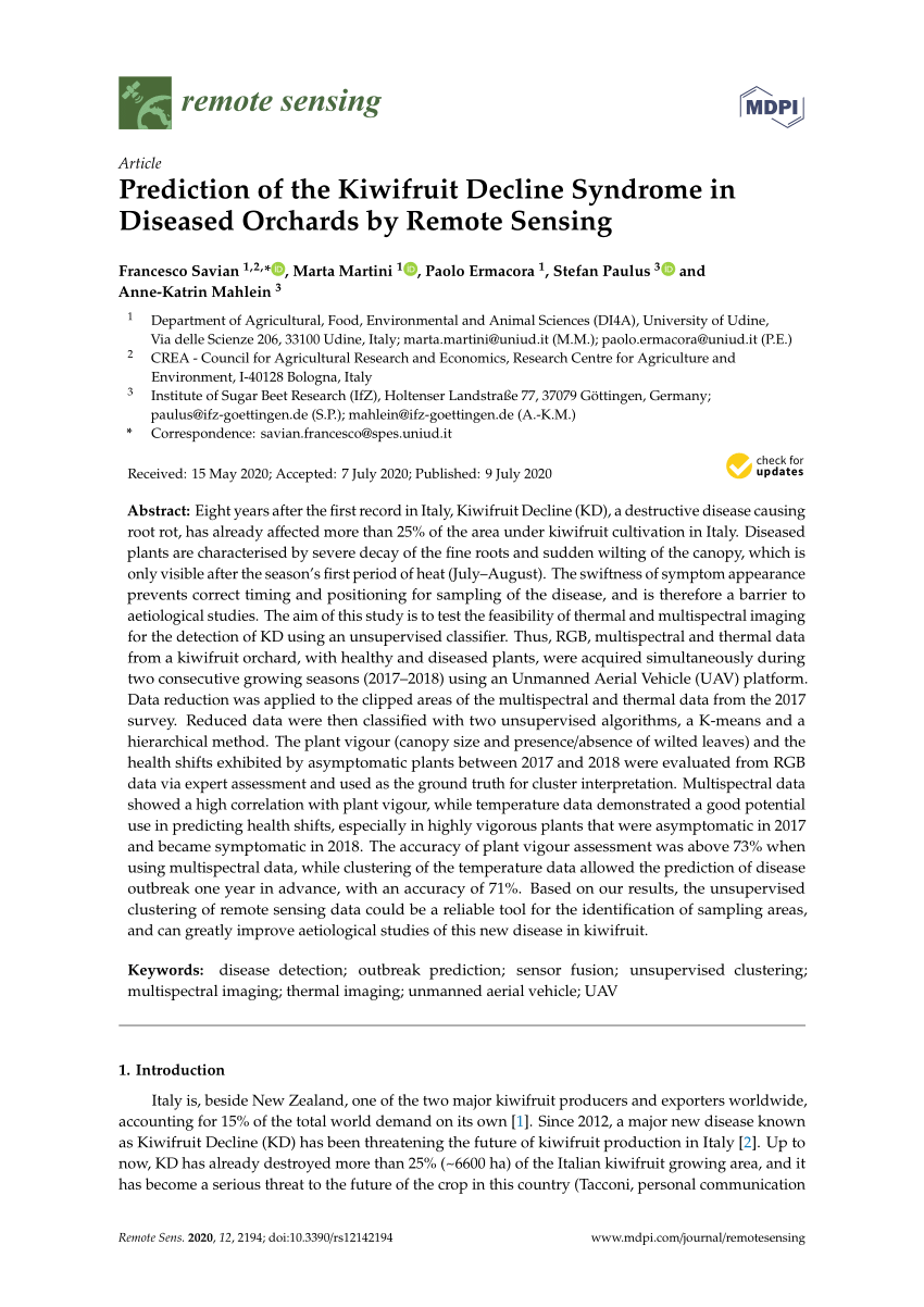 Pdf Prediction Of The Kiwifruit Decline Syndrome In Diseased Orchards By Remote Sensing