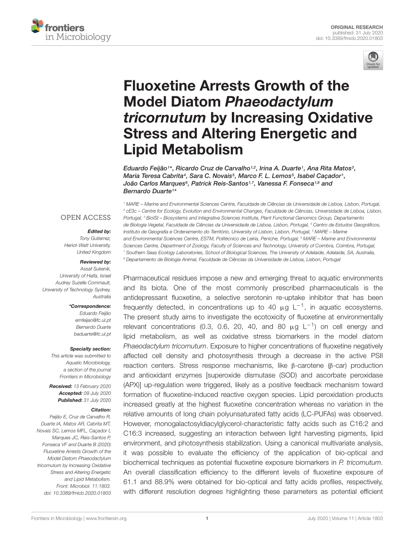 Pdf Fluoxetine Arrests Growth Of The Model Diatom Phaeodactylum Tricornutum By Increasing Oxidative Stress And Altering Energetic And Lipid Metabolism