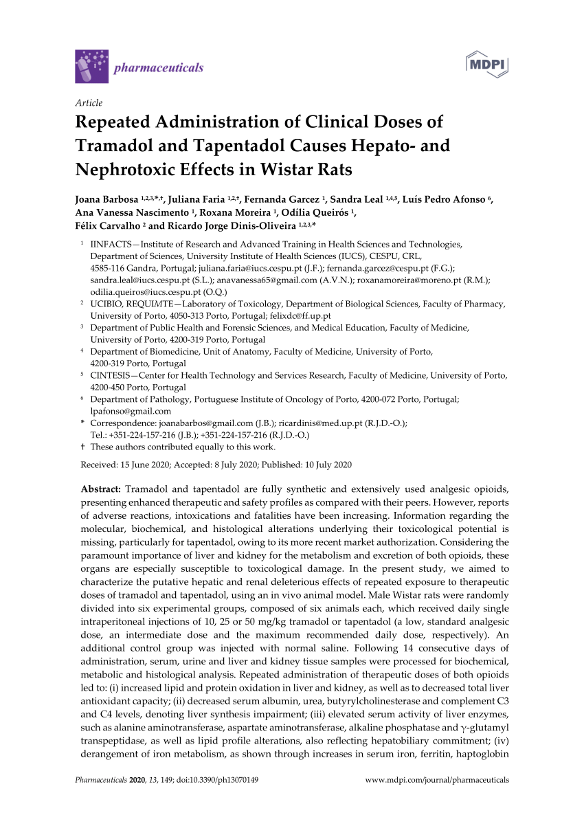 Pdf Repeated Administration Of Clinical Doses Of Tramadol And Tapentadol Causes Hepato And Nephrotoxic Effects In Wistar Rats