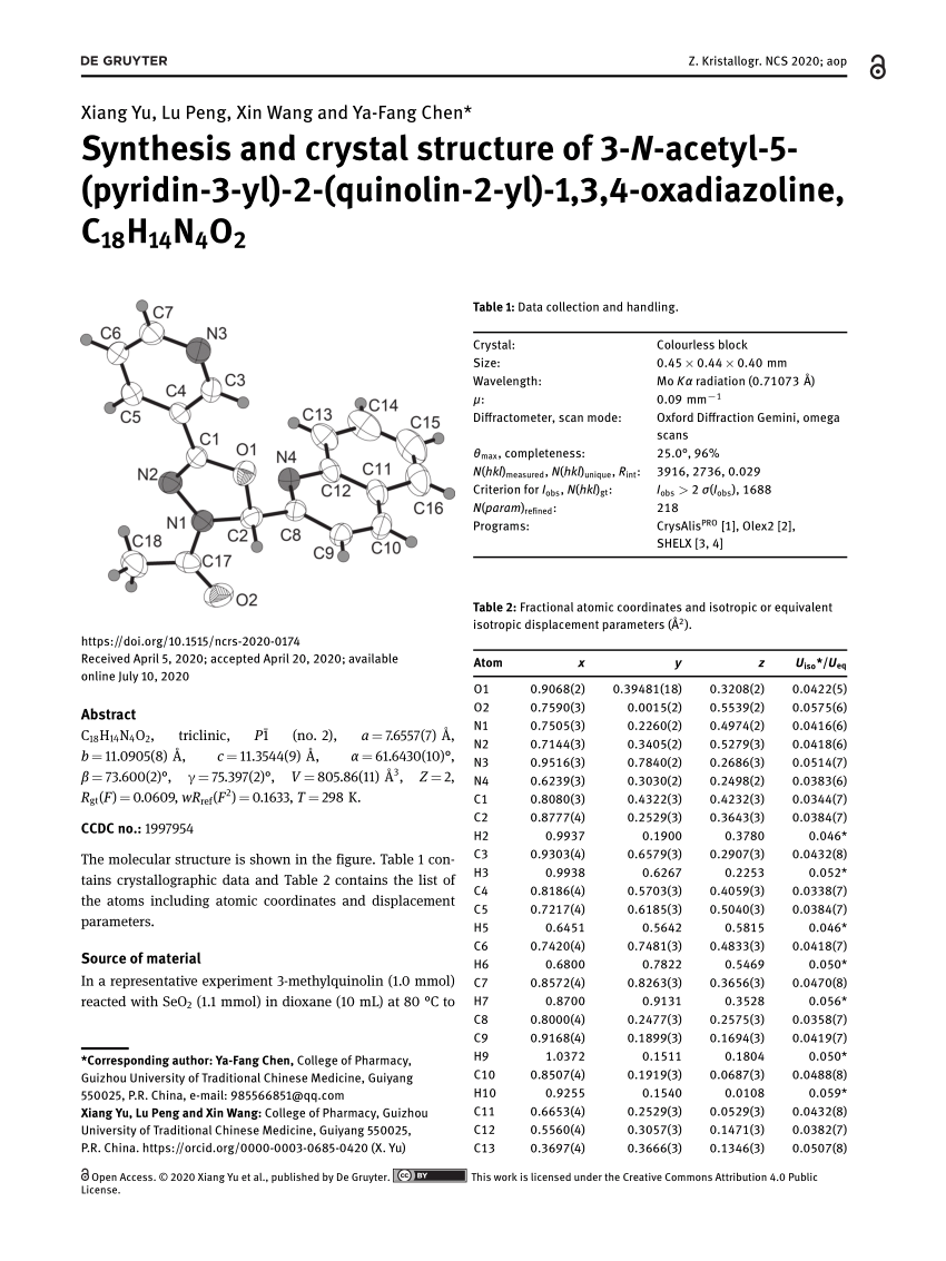 Pdf Synthesis And Crystal Structure Of 3 N Acetyl 5 Pyridin 3 Yl 2 Quinolin 2 Yl 1 3 4 Oxadiazoline C18h14n4o2