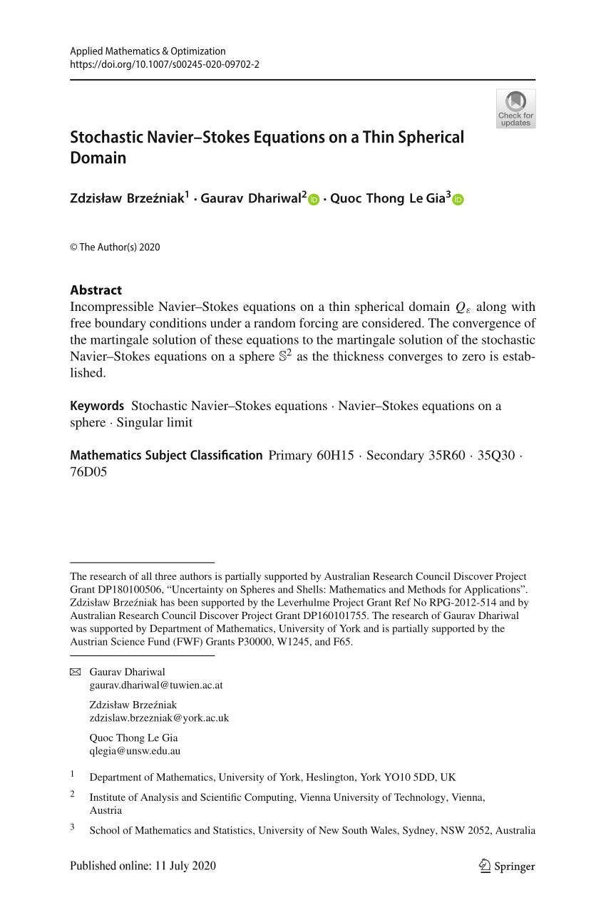 Pdf Stochastic Navier Stokes Equations On A Thin Spherical Domain