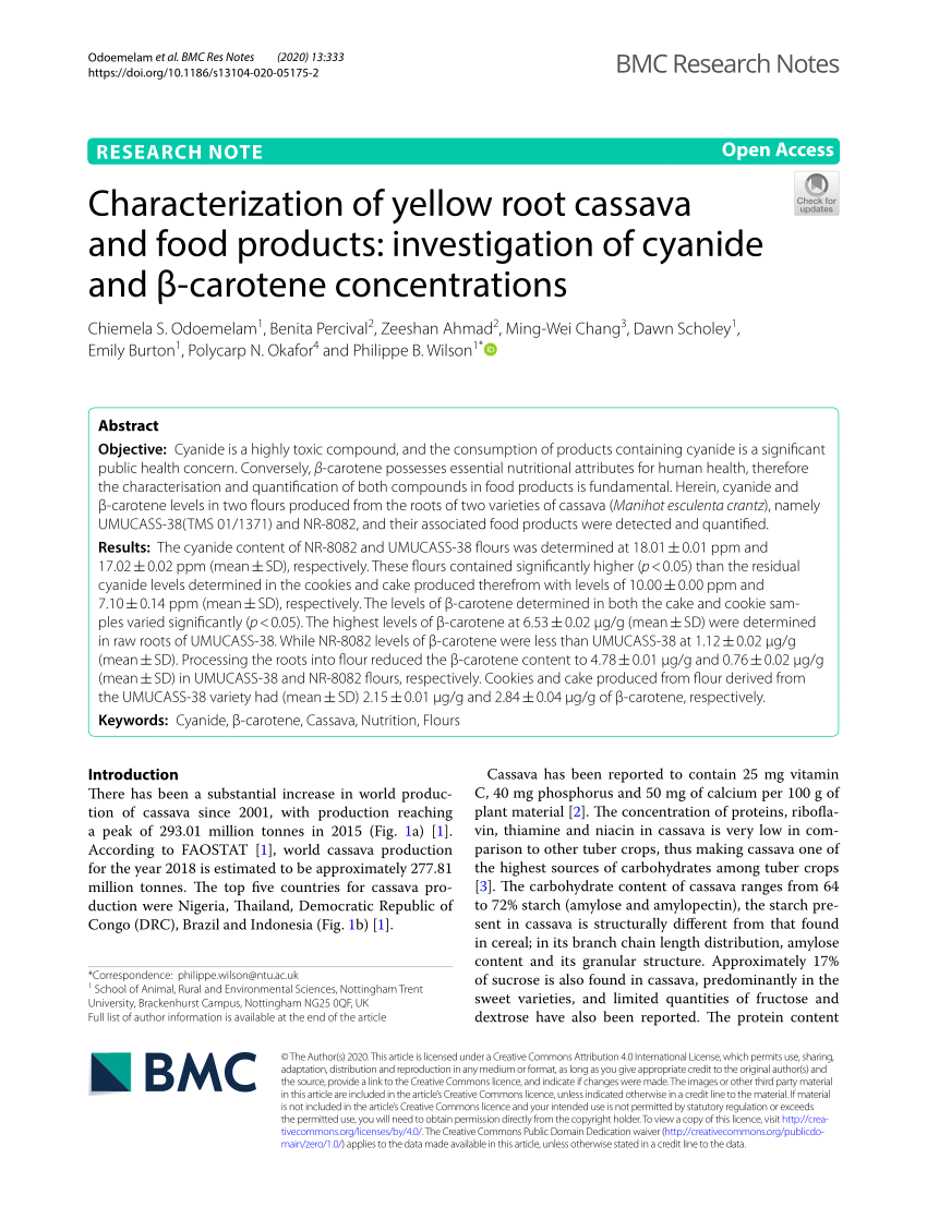 Pdf Characterization Of Yellow Root Cassava And Food Products Investigation Of Cyanide And B Carotene Concentrations