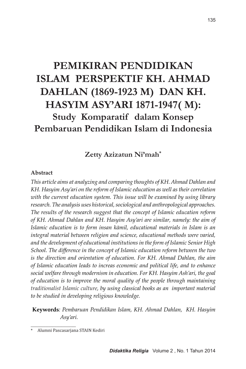 Pdf Pemikiran Pendidikan Islam Perspektif Kh Ahmad Dahlan 1869 1923 M Dan Kh Hasyim Asy Ari 1871 1947 M Study Komparatif Dalam Konsep Pembaruan Pendidikan Islam Di Indonesia