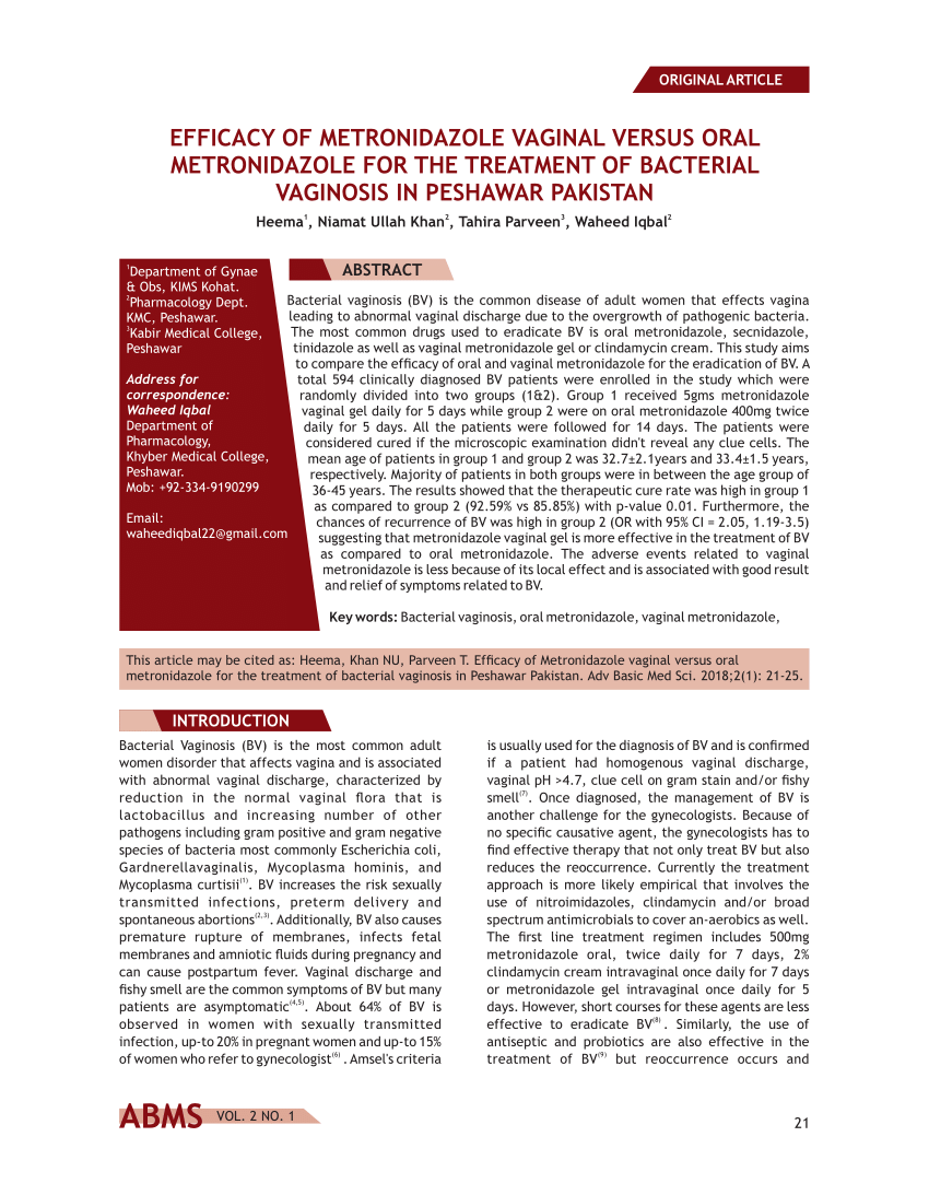 Pdf Efficacy Of Metronidazole Vaginal Versus Oral Metronidazole For The Treatment Of Bacterial 0066