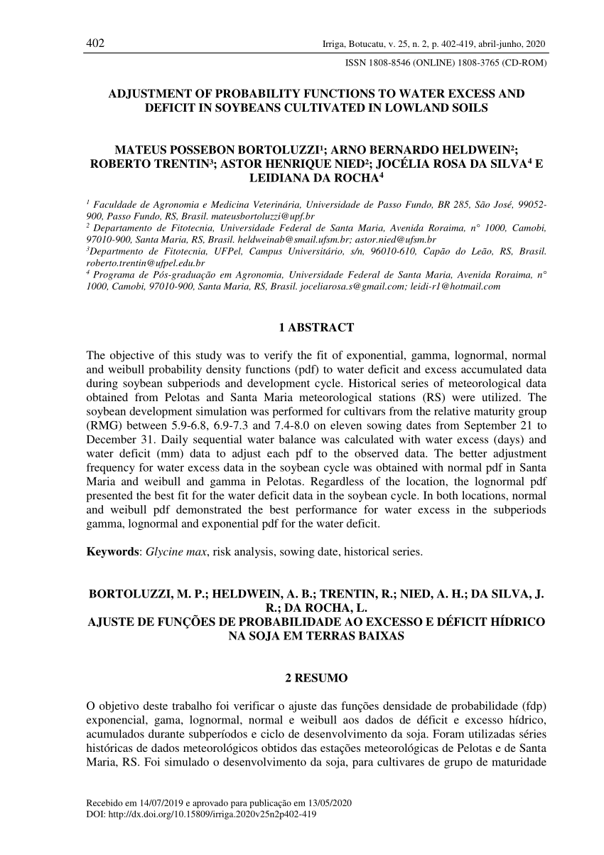 Pdf Adjustment Of Probability Functions To Water Excess And Deficit In Soybeans Cultivated In Lowland Soils