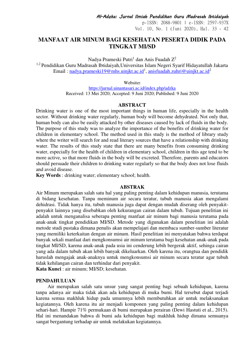 Pdf Manfaat Air Minum Bagi Kesehatan Peserta Didik Pada Tingkat Mi Sd