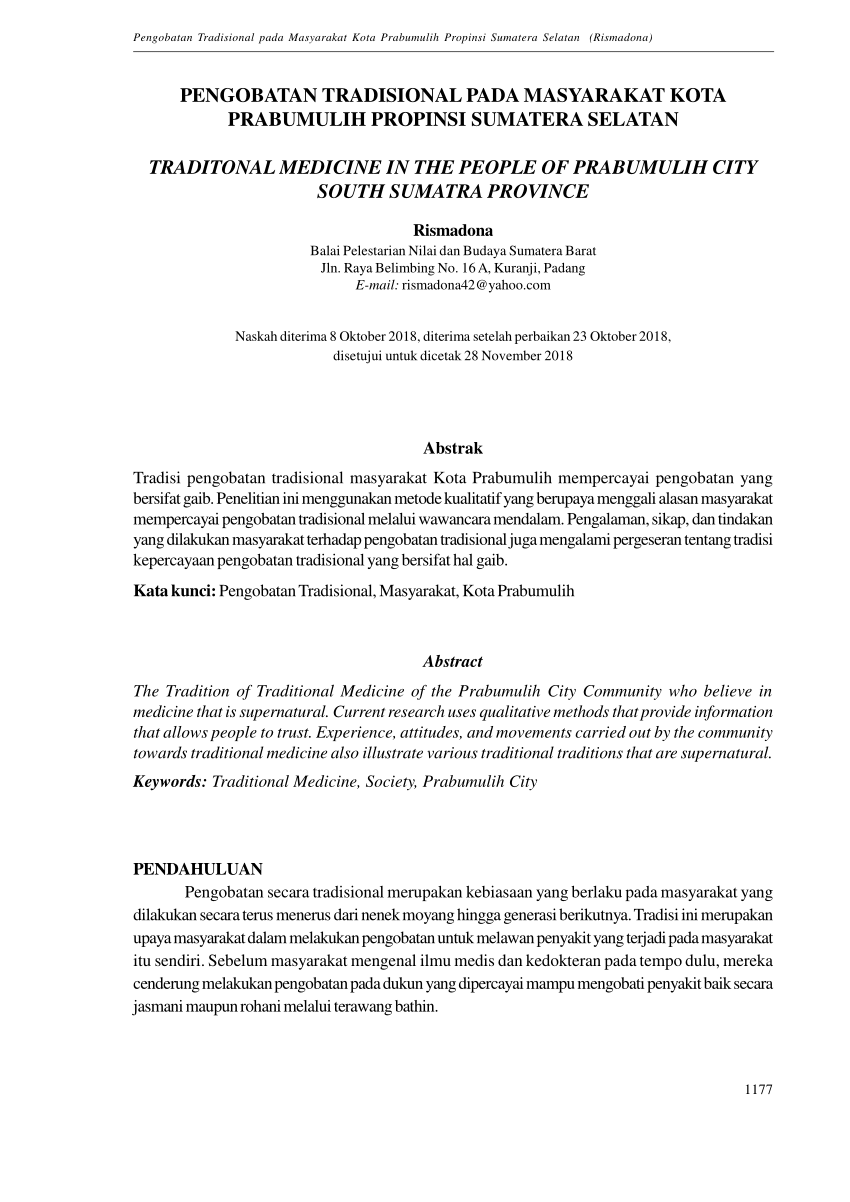 Pdf Pengobatan Tradisional Pada Masyarakat Kota Prabumulih Propinsi Sumatera Selatan