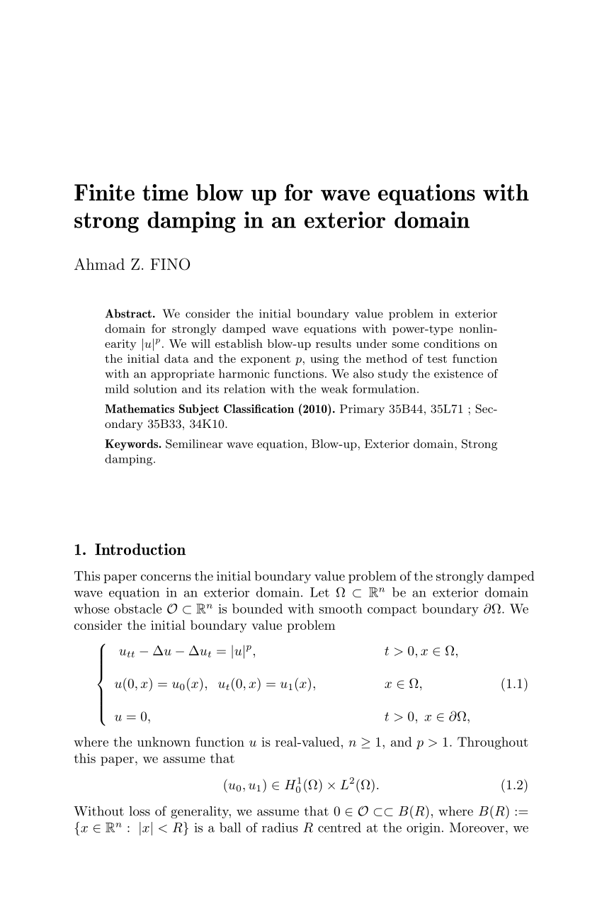 Pdf Finite Time Blow Up For Wave Equations With Strong Damping In An Exterior Domain