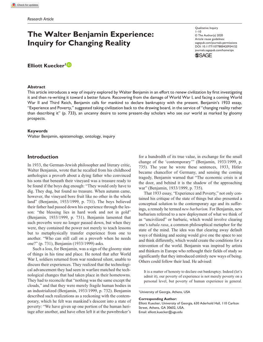 PDF) The Walter Benjamin Experience: Inquiry for Changing Reality
