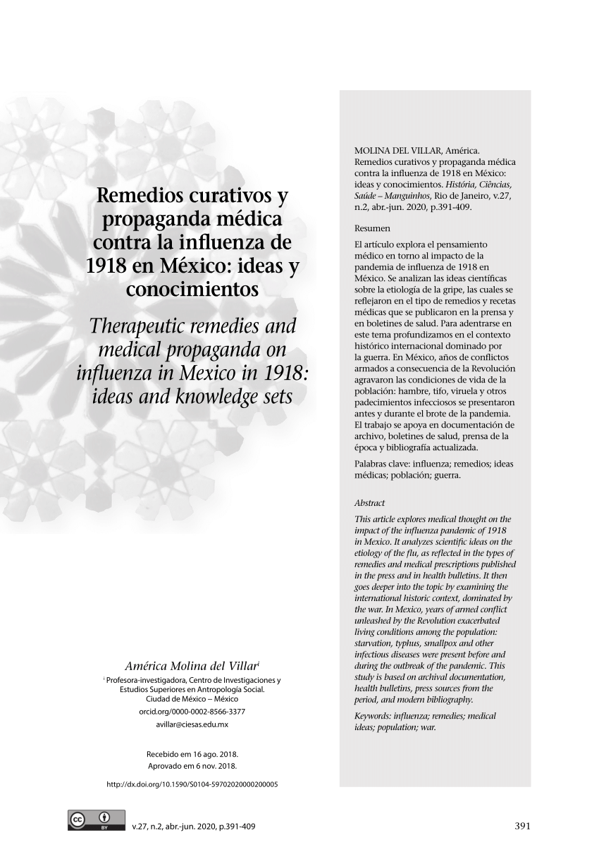 PDF) Remedios curativos y propaganda médica contra la influenza de 1918 en  México: ideas y conocimientos
