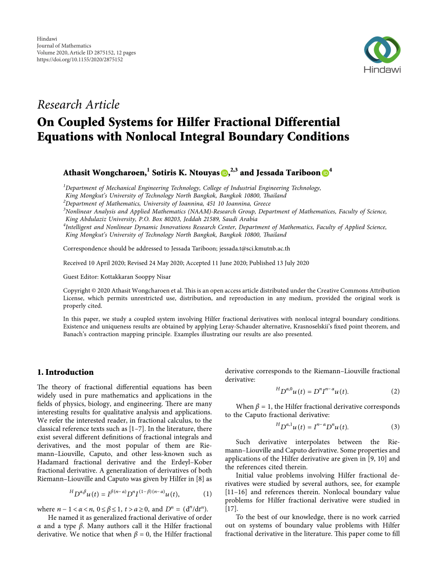 Pdf On Coupled Systems For Hilfer Fractional Differential Equations With Nonlocal Integral Boundary Conditions