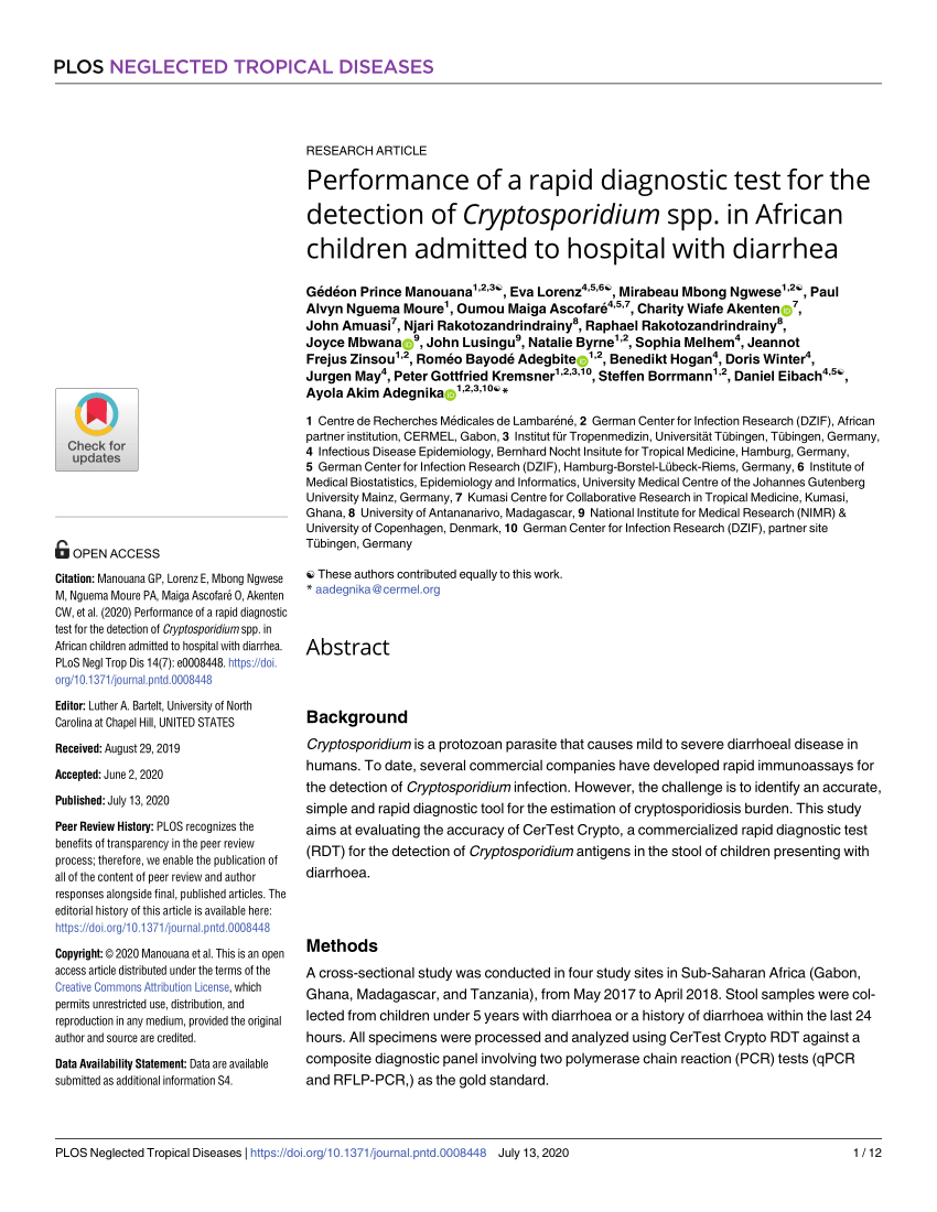 Pdf Performance Of A Rapid Diagnostic Test For The Detection Of Cryptosporidium Spp In African Children Admitted To Hospital With Diarrhea