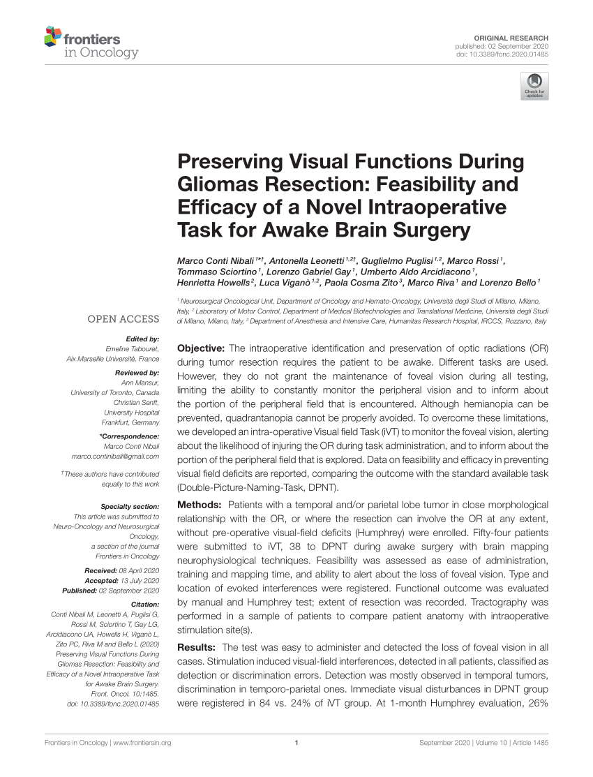 PDF) Preserving Visual Functions During Gliomas Resection: Feasibility and Efficacy a Novel Intraoperative Task for Awake Brain Surgery