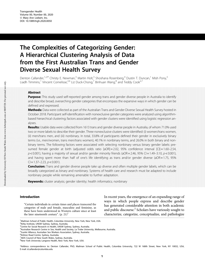 Pdf The Complexities Of Categorizing Gender A Hierarchical Clustering Analysis Of Data From The First Australian Trans And Gender Diverse Sexual Health Survey