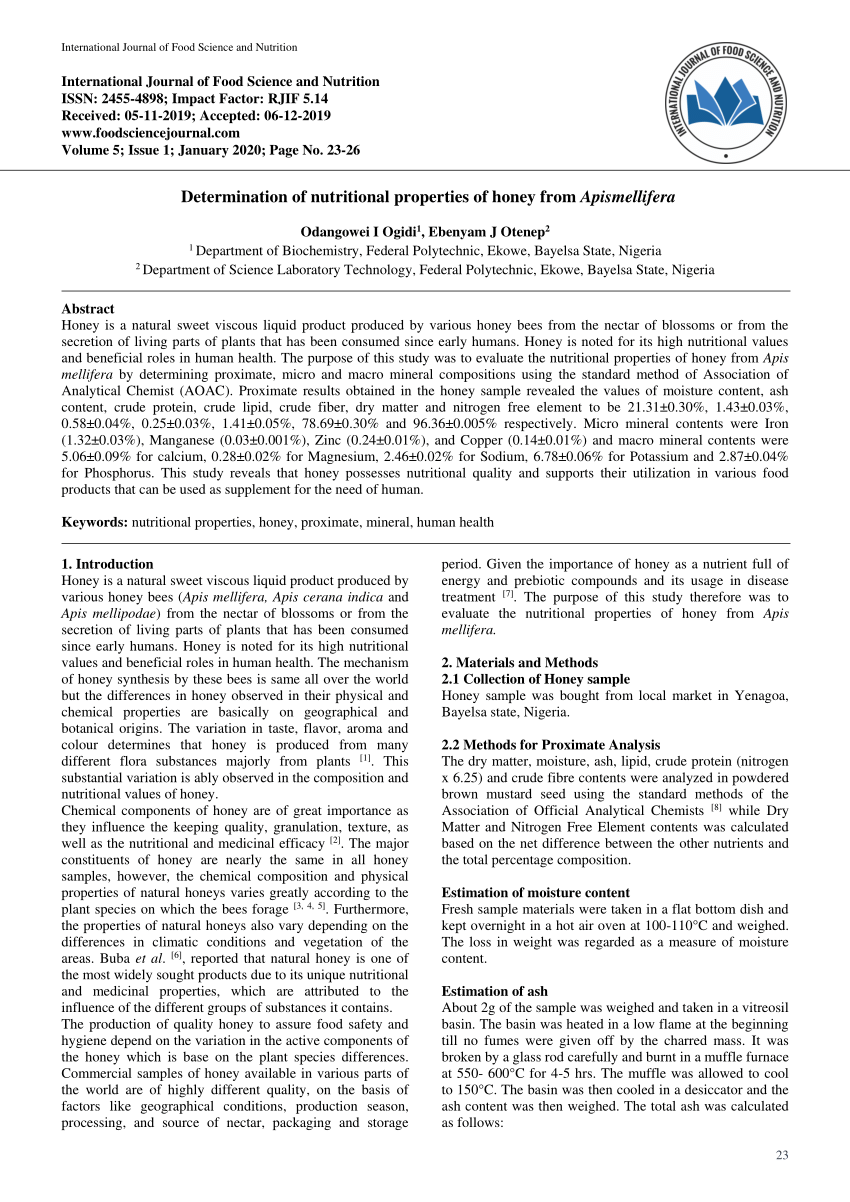 Pdf Determination Of Nutritional Properties Of Honey From Apismellifera