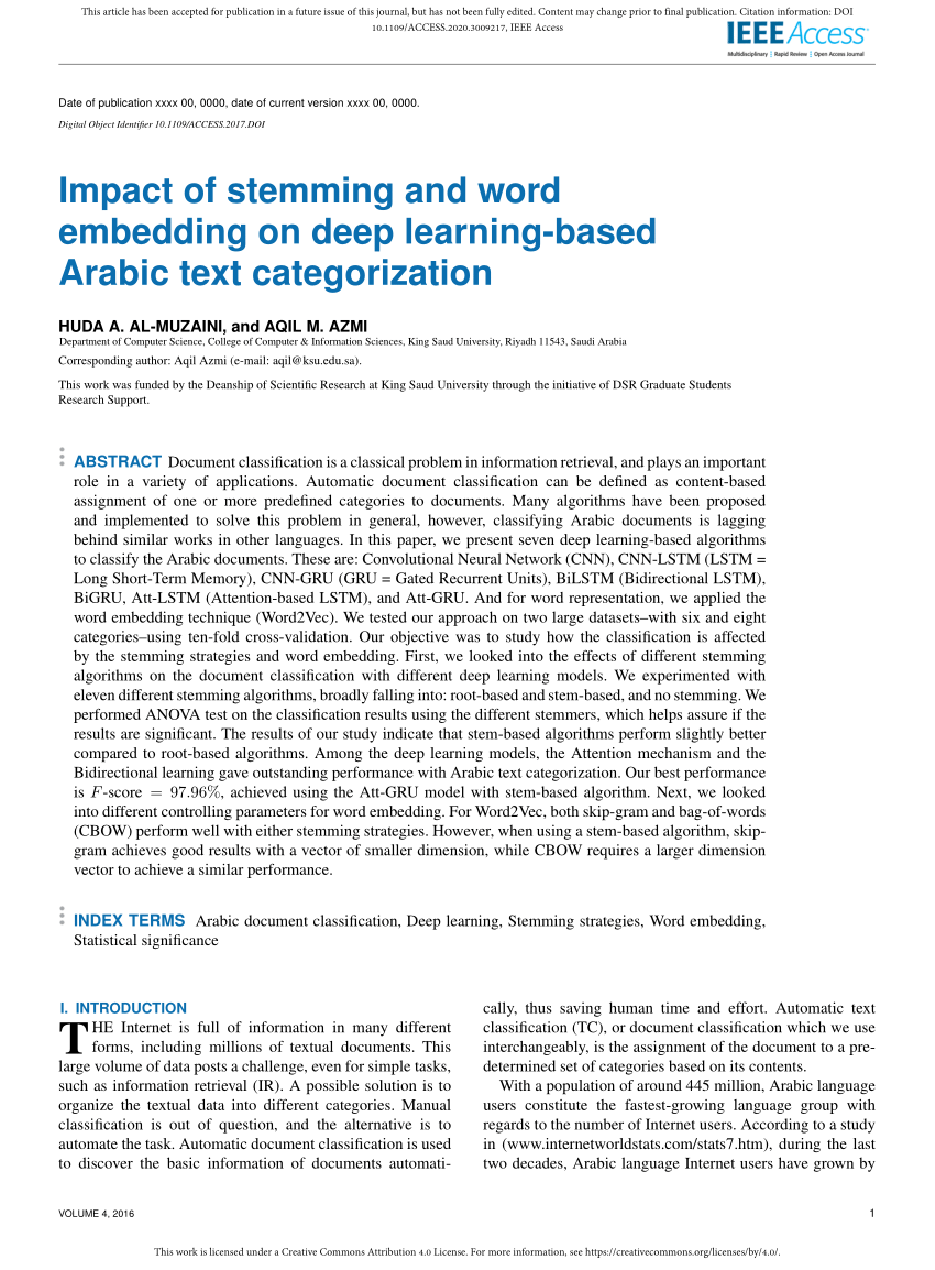 PDF) Impact of Stemming and Word Embedding on Deep Learning-Based ...