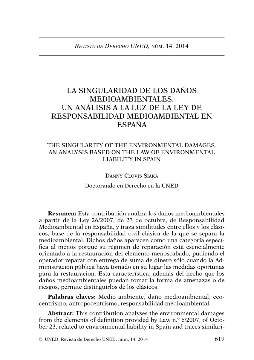 Pdf La Singularidad De Los Daños Medioambientales Un Análisis A La Luz De La Ley De 5415