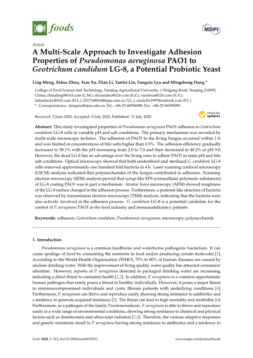 Pdf A Multi Scale Approach To Investigate Adhesion Properties Of Pseudomonas Aeruginosa Pao1 To Geotrichum Candidum Lg 8 A Potential Probiotic Yeast