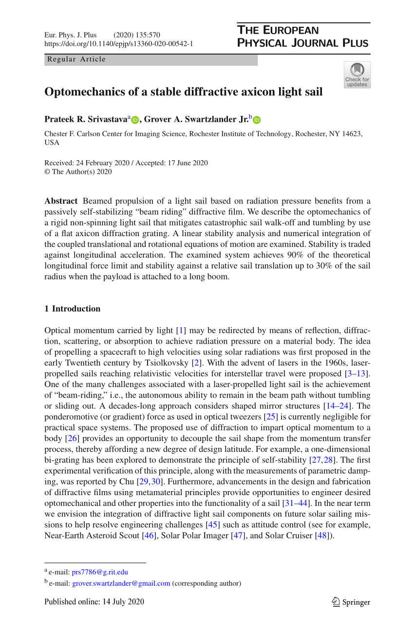 Pdf Optomechanics Of A Stable Diffractive Axicon Light Sail