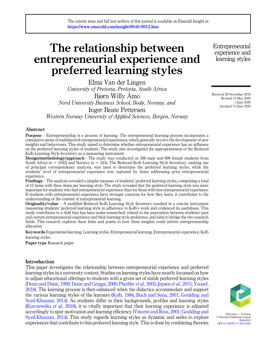 Pdf The Relationship Between Entrepreneurial Experience And Preferred Learning Styles
